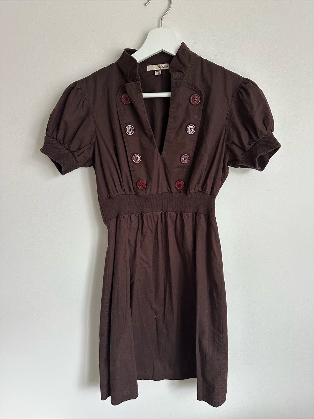 BeBop Chocolate Brown Puff Sleeve Button Empire Waist Mini Dress S